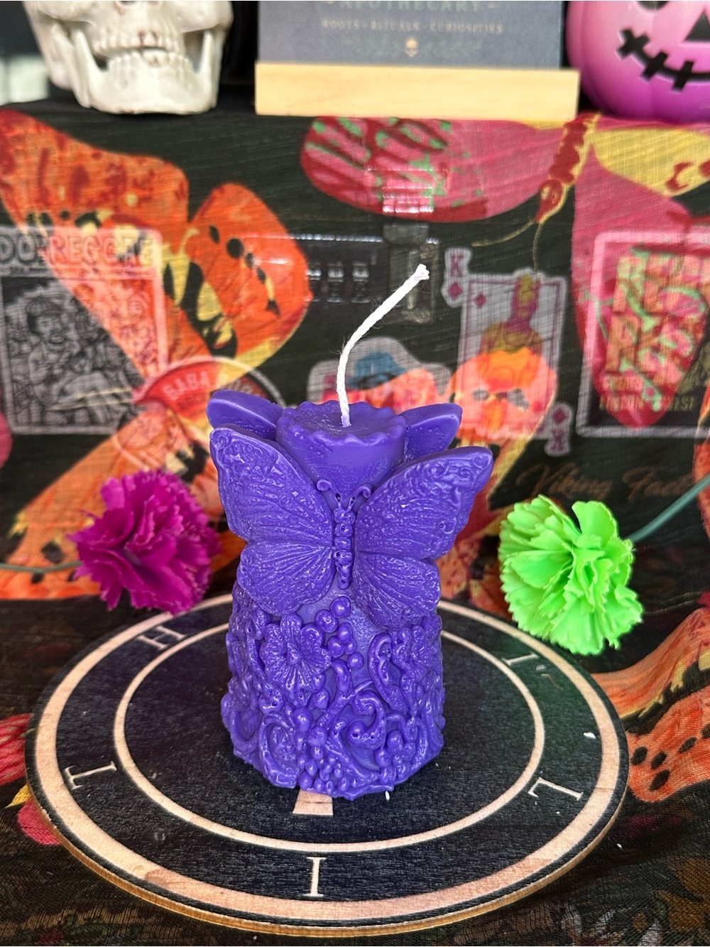 Handmade Purple Butterfly & Floral Pillar Candle